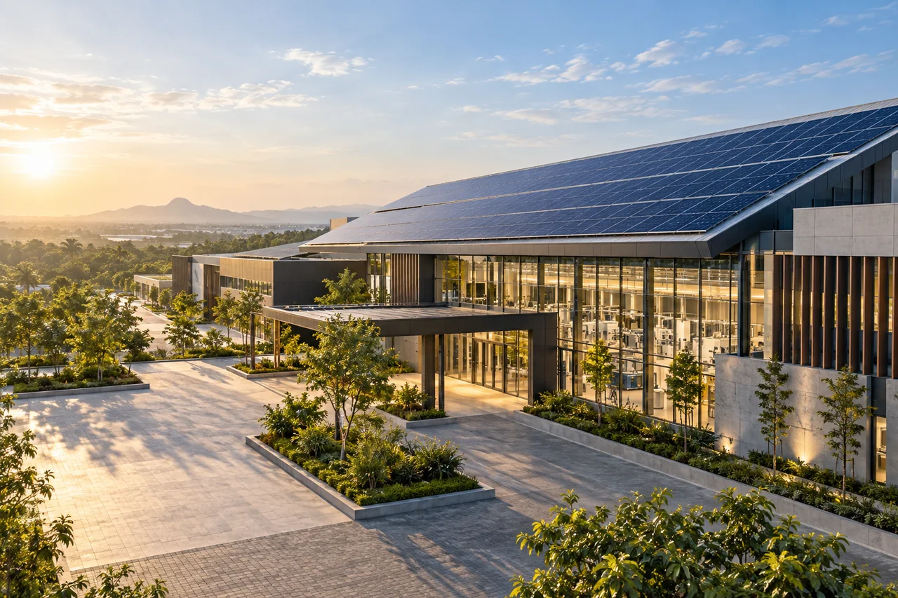 Illustrative commercial campus with rooftop solar panels, landscaping and warm interiors